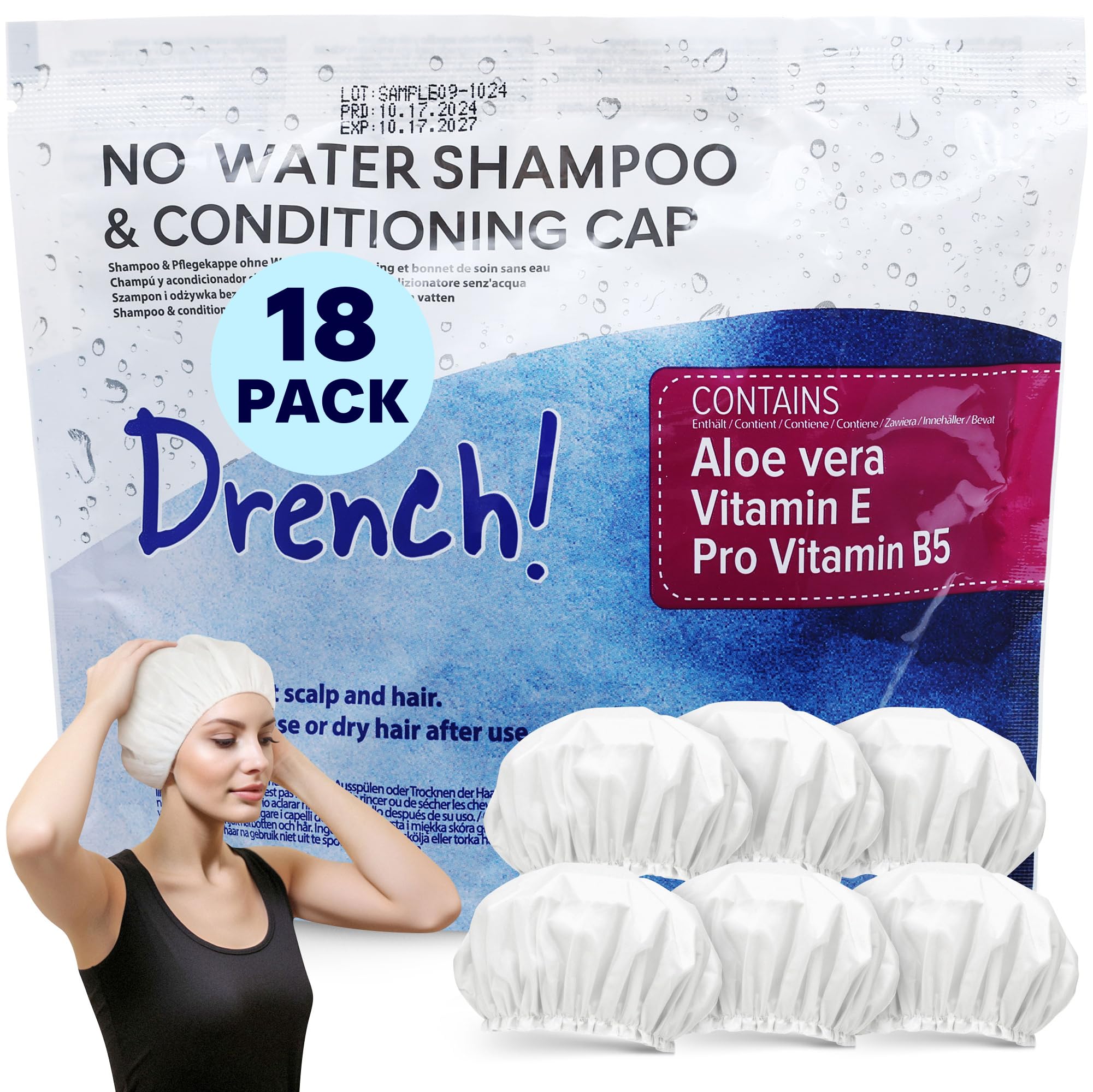 Drench No Water Hair Washing Cap - Waterless Shower Caps with Shampoo and Conditioner - Disposable Rinse Free Wash Aids - Ideal for Elderly and Disabled - Pack of 18